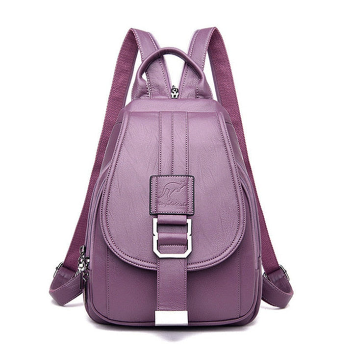 Ergonomic shoulder straps of a women's water-resistant leather backpack. Comfortable everyday carry.