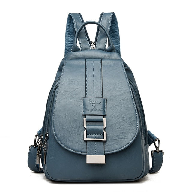 Front view of women's premium water-resistant leather backpack. Features multiple pockets for travel.