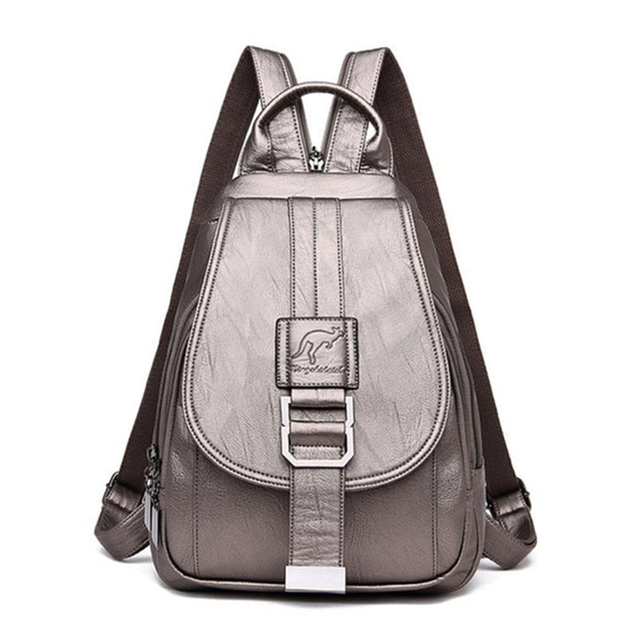 Side profile of a women's anti-theft water-resistant leather backpack. Sleek fashion bag design.