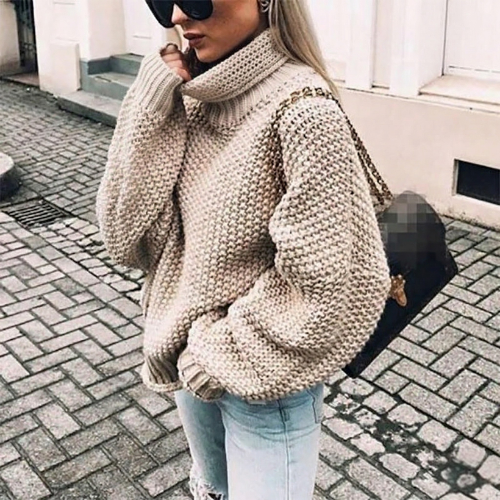 Stylish women's oversized turtleneck sweater with balloon sleeves for comfortable fall & winter wear.