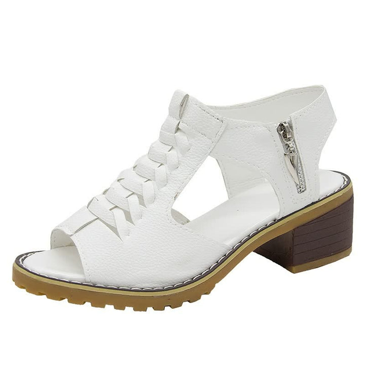 Elegant women's block heel sandals featuring a practical side zip. Ideal comfortable footwear for any occasion.