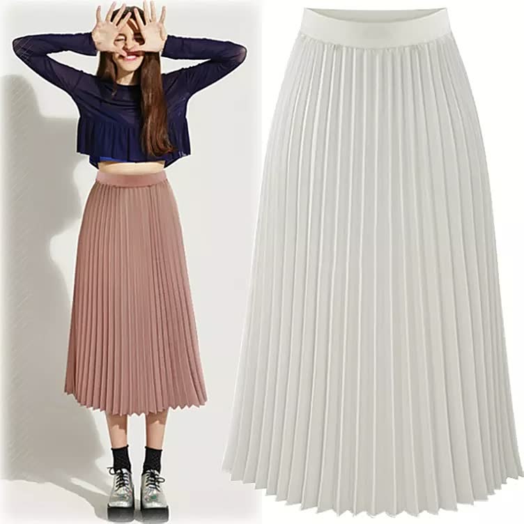 Classic white women's high waist pleated A-line midi skirt, offering an elegant flow for versatile everyday fashion.