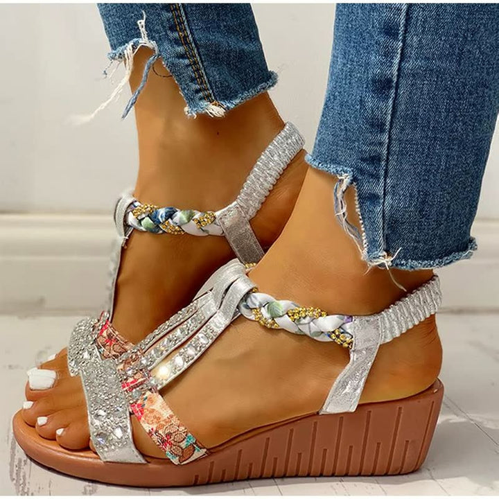 Fashionable women's boho wedge sandals, ideal summer footwear for holidays & everyday style.