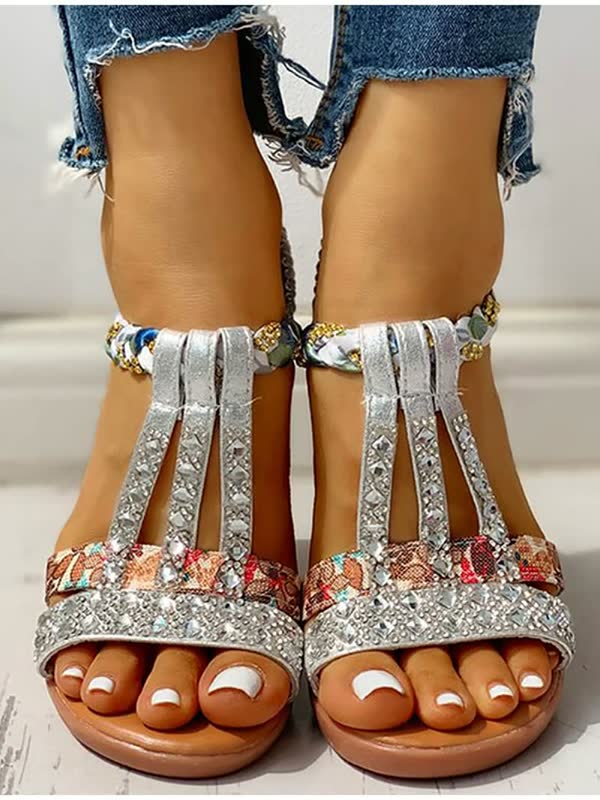 Women's boho wedge sandals with comfortable elastic straps, perfect for summer casual wear.