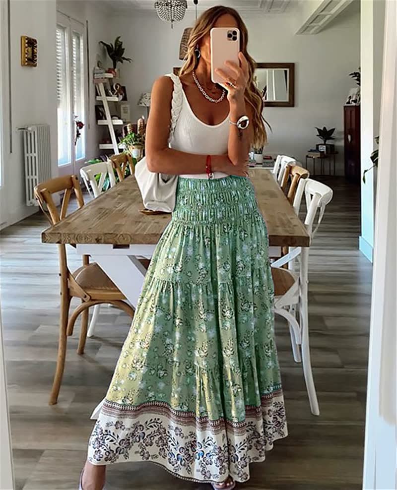 Chic women's bohemian midi skirt, perfect for vacation, beachwear, or stylish summer casual outings.