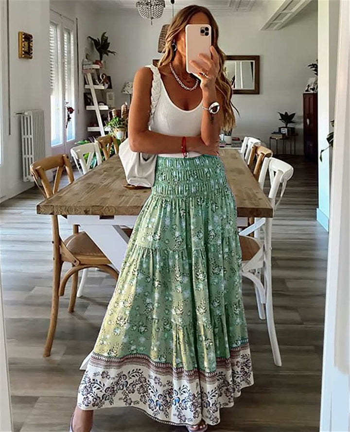 Chic women's bohemian midi skirt, perfect for vacation, beachwear, or stylish summer casual outings.