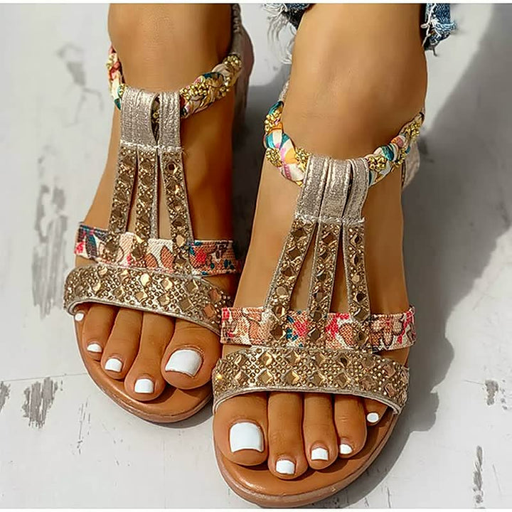 Bohemian women's wedge sandals with an elastic strap, offering stylish & comfortable summer footwear.