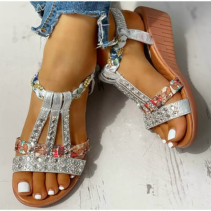 Lightweight women's open-toe boho wedge sandals featuring comfortable elastic straps.