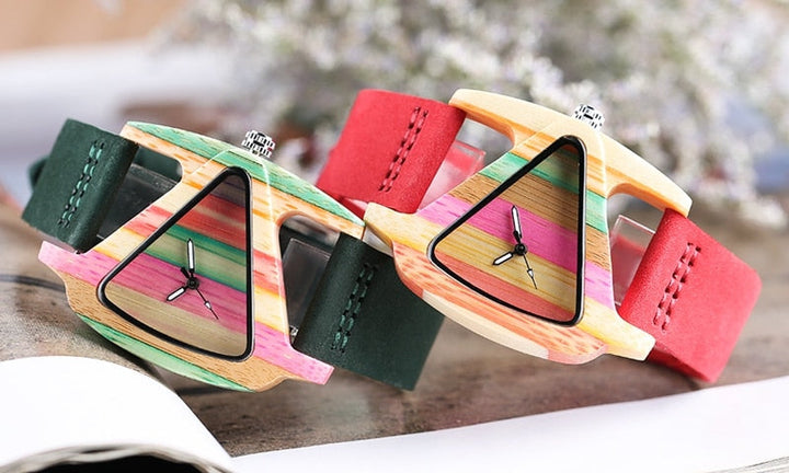 Stylish unisex fashion accessory: bamboo wood watch with a striking colored triangle.