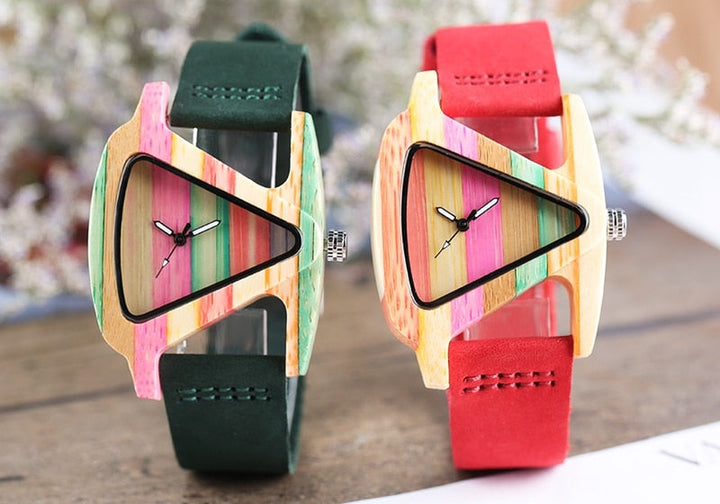 Modern unisex bamboo wood watch, colorful triangle pattern, perfect for eco-conscious.