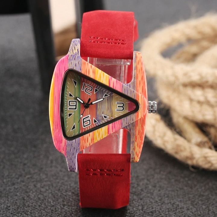 Vibrant colored triangle bamboo wood watch, unisex, a stylish and eco-friendly accessory.