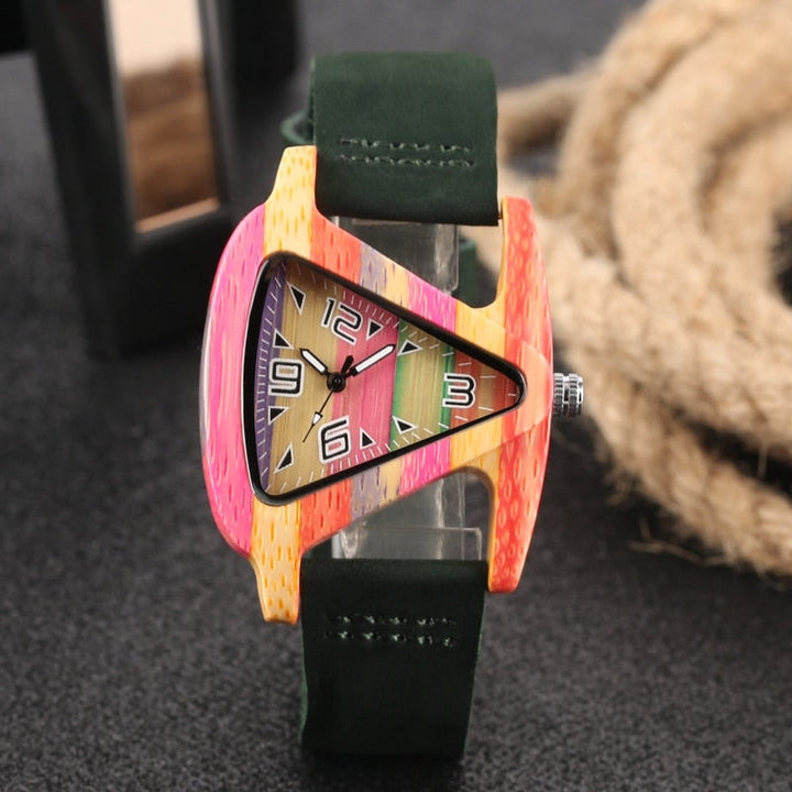 Sustainable bamboo wood watch, unisex, featuring a distinctive colored triangle dial.