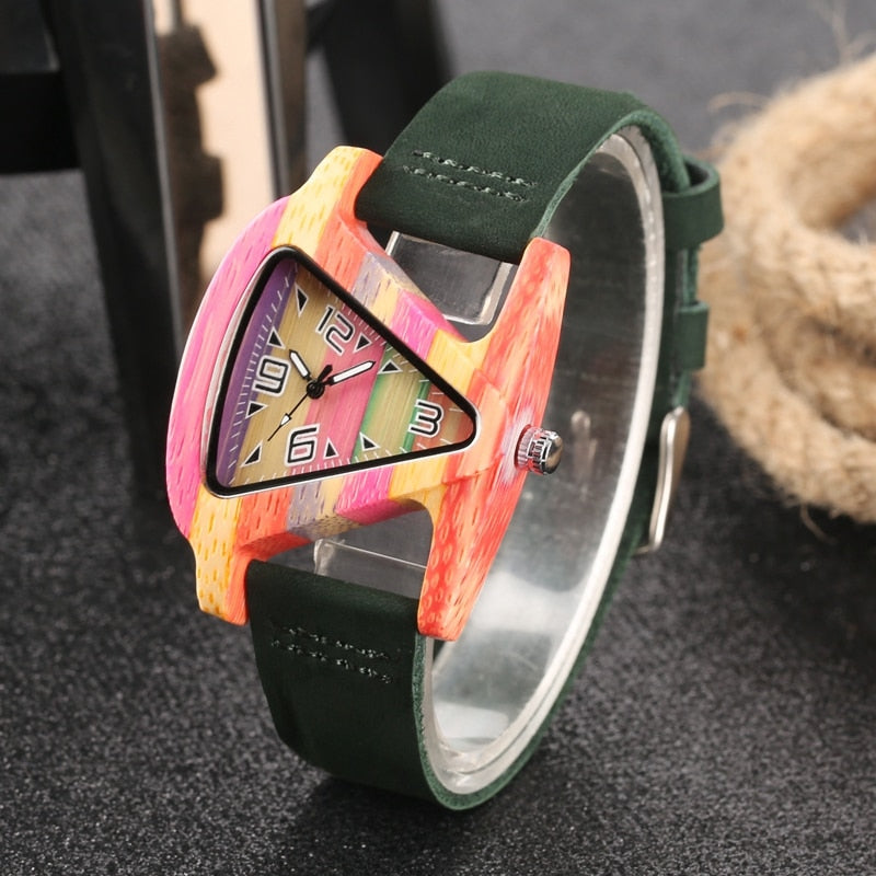 Handcrafted unisex wood watch from bamboo, with a unique colored triangle design.