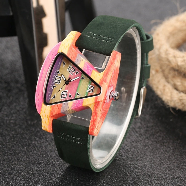 Handcrafted unisex wood watch from bamboo, with a unique colored triangle design.