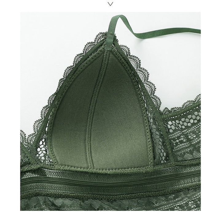 Elegant women's lace bra, triangular cup design with a chic backless feature, ultimate comfort.