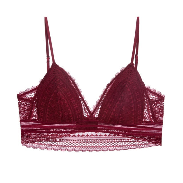 Chic women's backless triangular bra with elegant lace detailing, intimate comfort.