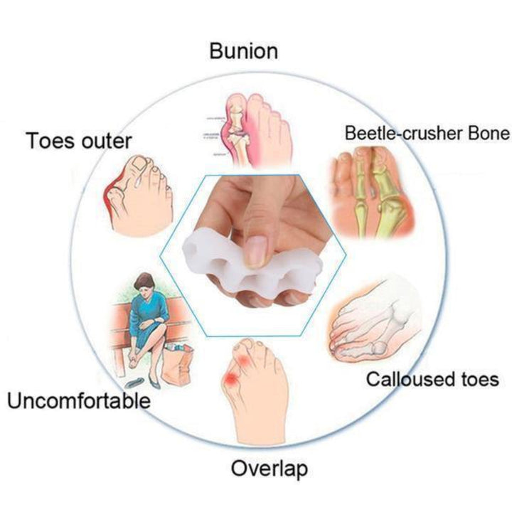 Soft gel toe separator & corrector for overlapping toes, bunions, and foot pain, promoting alignment.