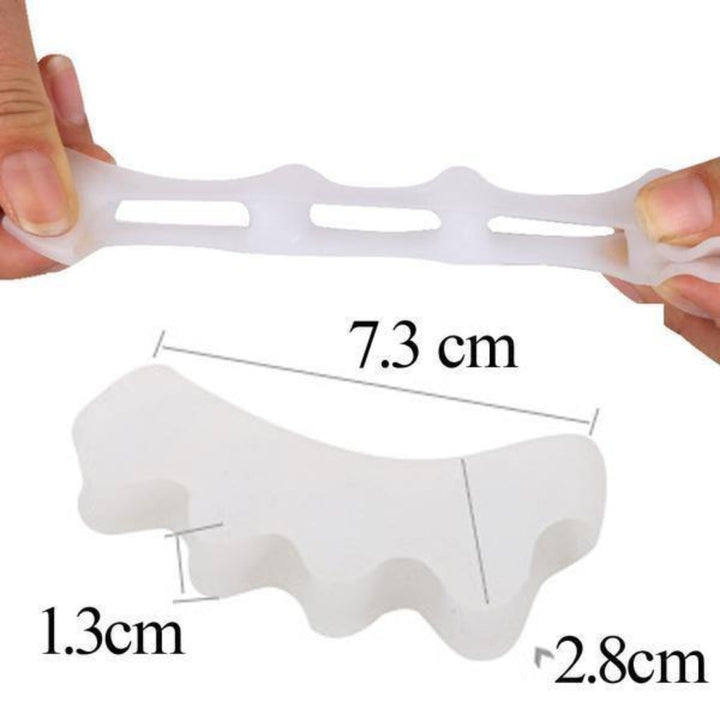Comfortable gel toe corrector and separator designed for foot alignment, bunion relief, & foot care.