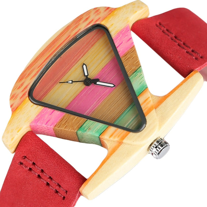 Eye-catching unisex bamboo wood watch, vibrant colored triangle face, fashion-forward.