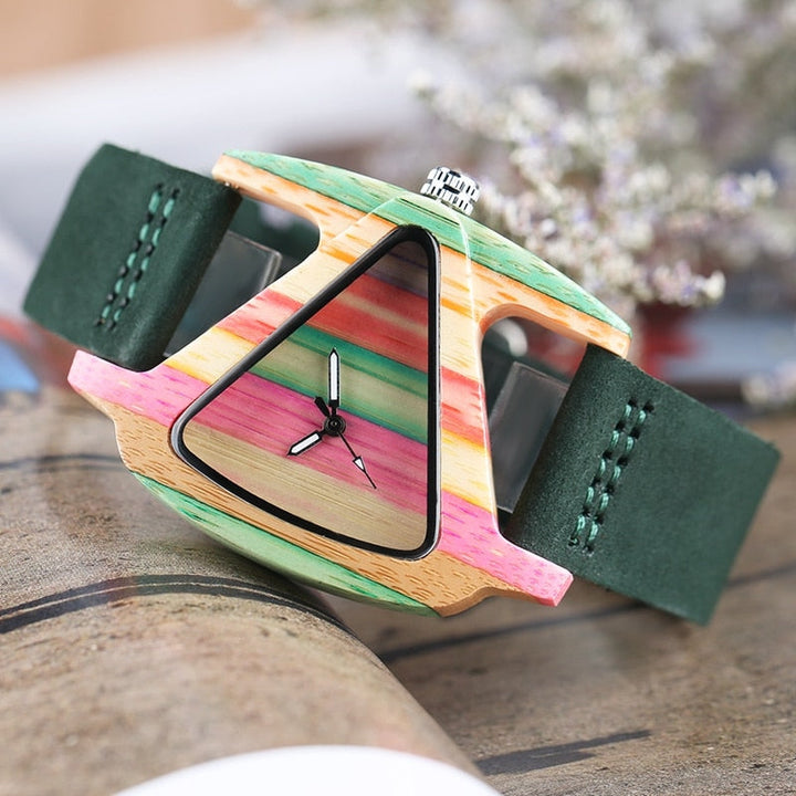 Unique gift: handcrafted unisex wood watch made from bamboo, with a bold colored triangle.