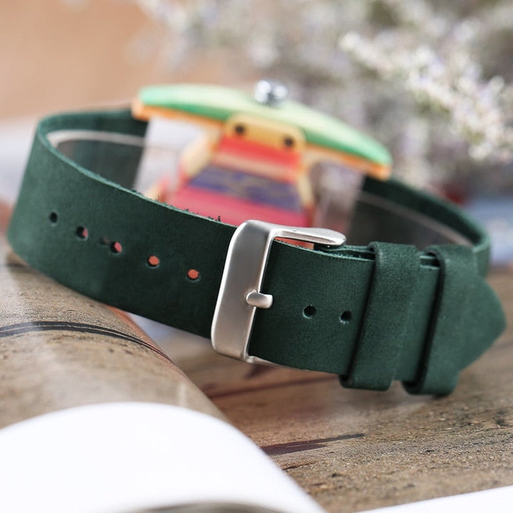 Eco-friendly bamboo wood watch, unisex design with a colorful triangle face.
