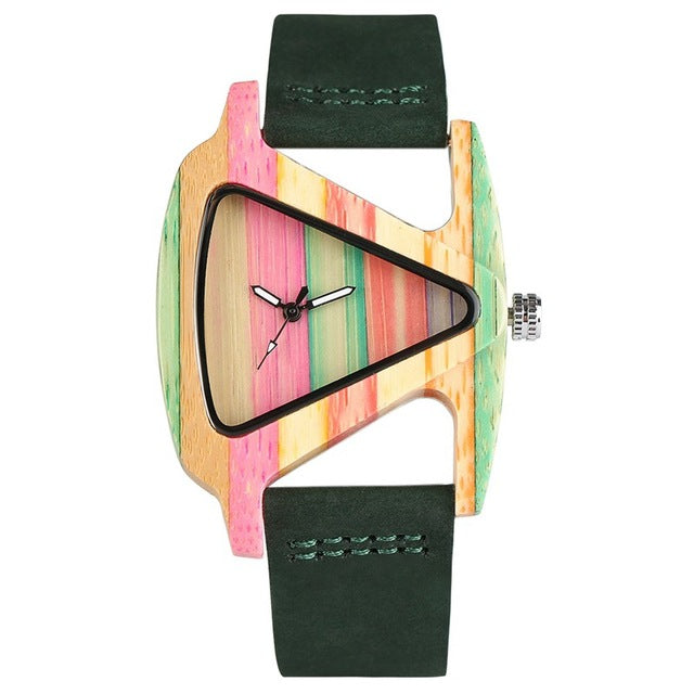 Unisex bamboo wood watch featuring a vibrant colored triangle dial.