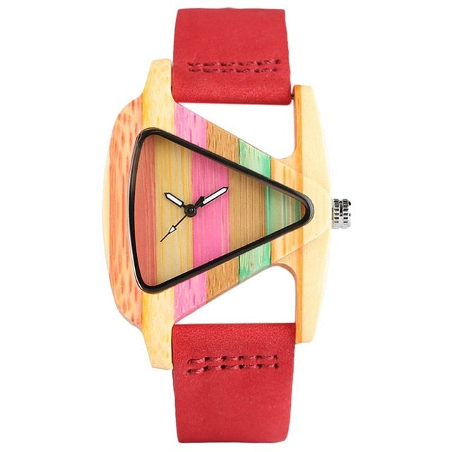 Premium bamboo wood watch, unisex, showcasing a modern colored triangle dial.