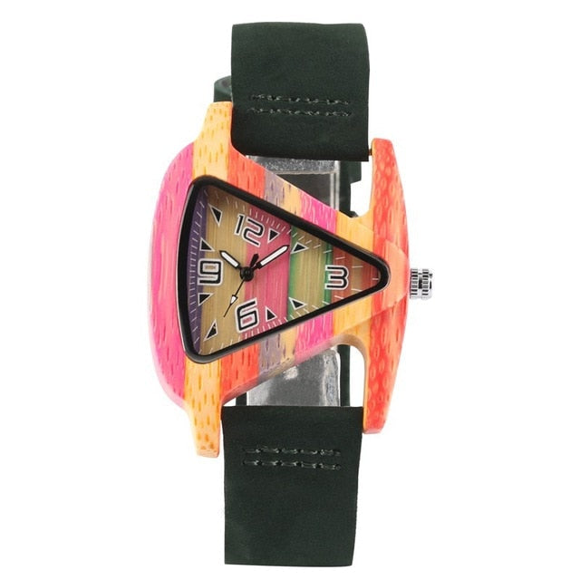 Thoughtful gift: unisex colored triangle bamboo wood watch, comfortable and sustainable.