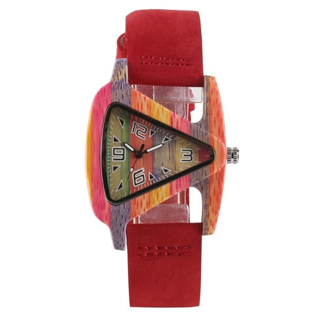 Unisex accessory: sleek bamboo wood watch with a colorful triangle design for any style.