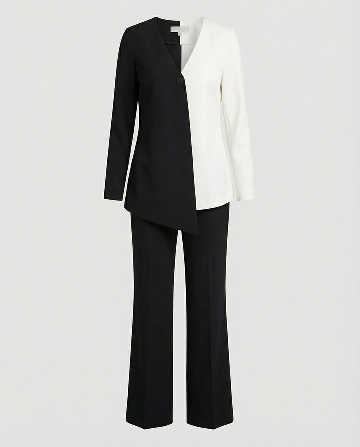 Fashionable women's two-piece set: chic asymmetrical top & comfortable wide-leg pants. Modern & elegant.