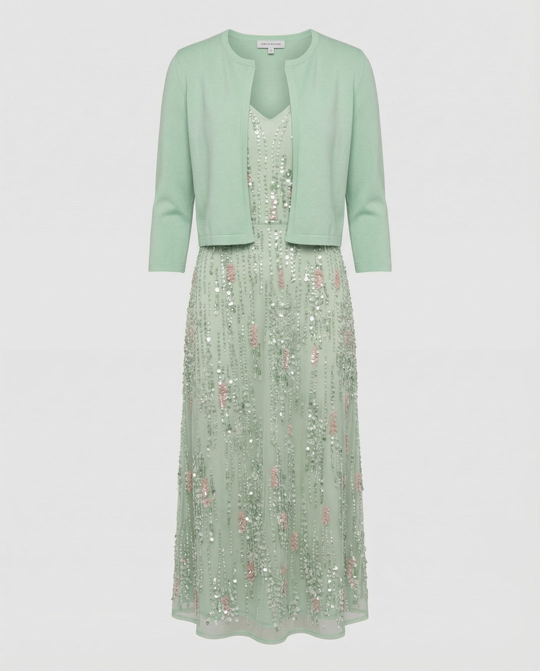 Feminine green floral two-piece midi dress, an elegant women's spring/summer dress for special events & everyday chic.