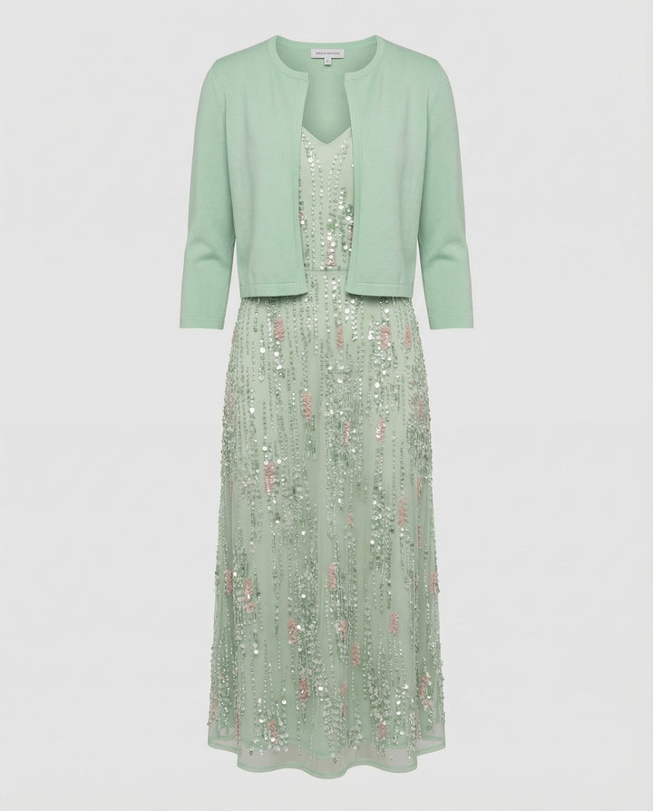 Feminine green floral two-piece midi dress, an elegant women's spring/summer dress for special events & everyday chic.