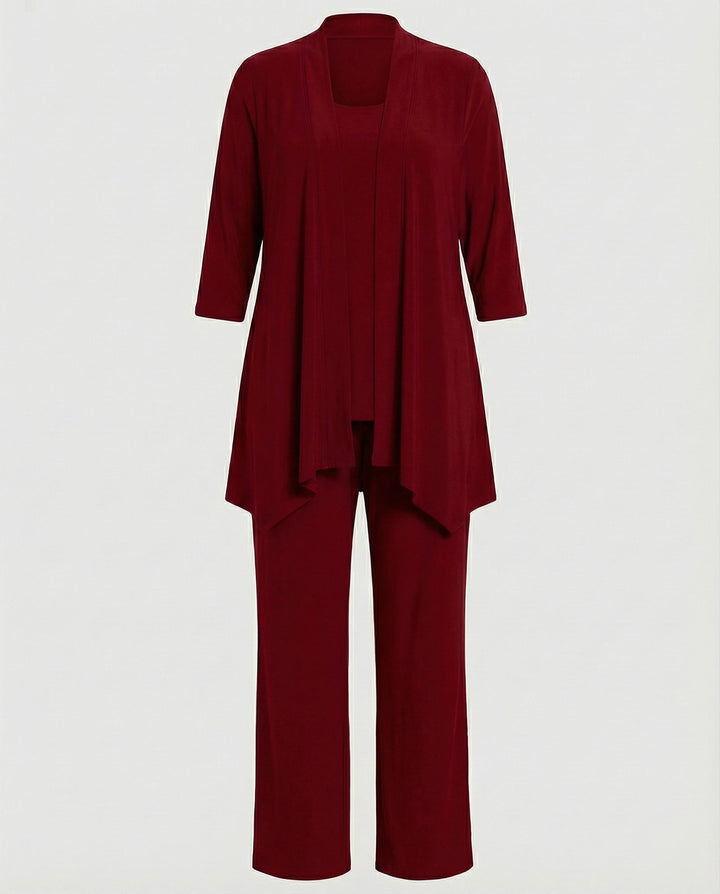 Women's tailored three-piece suit set in a chic style, perfect for professional wear & elegant event fashion.