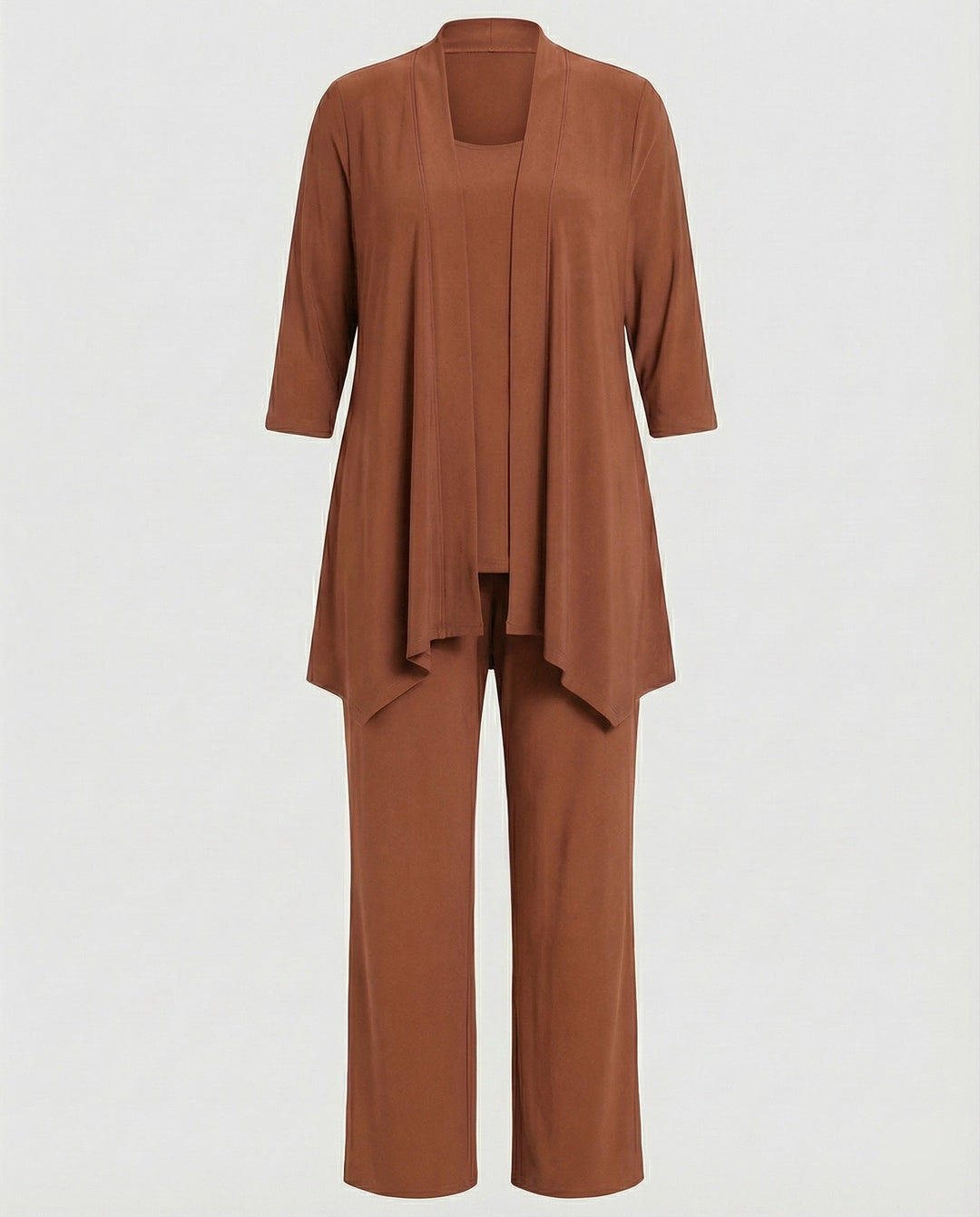 Professional women's office outfit: a chic three-piece suit set with a tailored blazer for modern elegance.