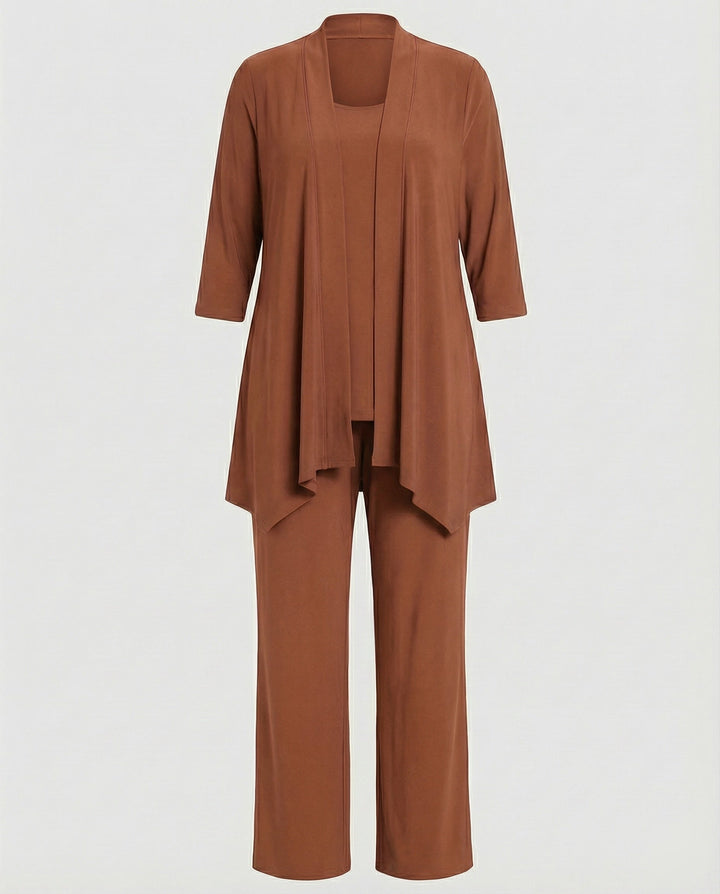 Professional women's office outfit: a chic three-piece suit set with a tailored blazer for modern elegance.