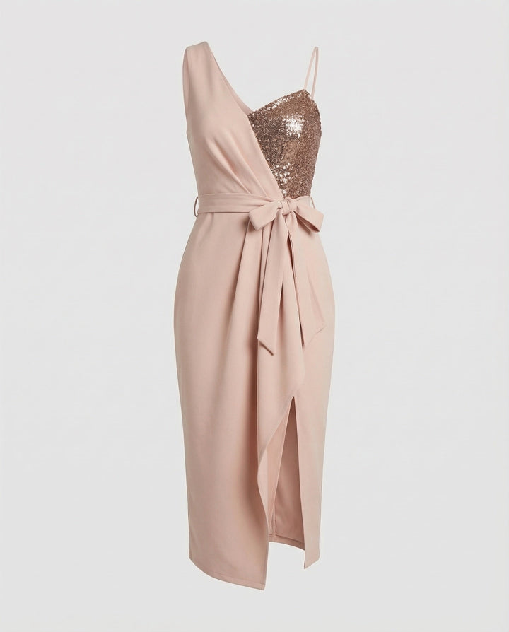 Stylish one-shoulder sequin party dress for women. A chic bodycon evening gown for a glamorous special occasion.