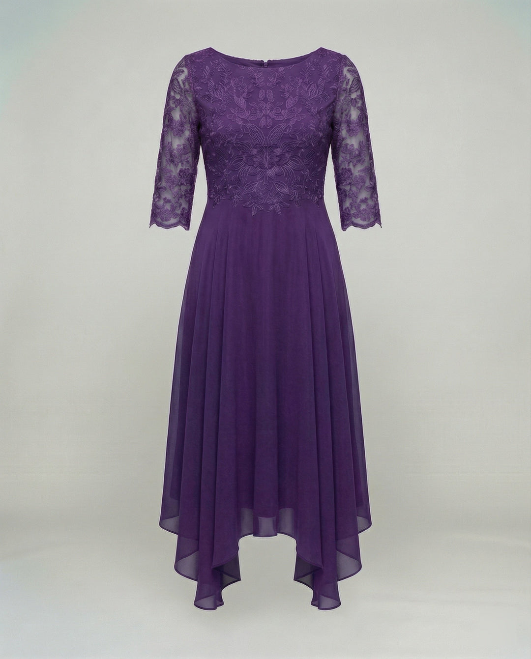 Sophisticated women's elegant mid-length dress. Ideal for formal events, parties, and wedding guests.