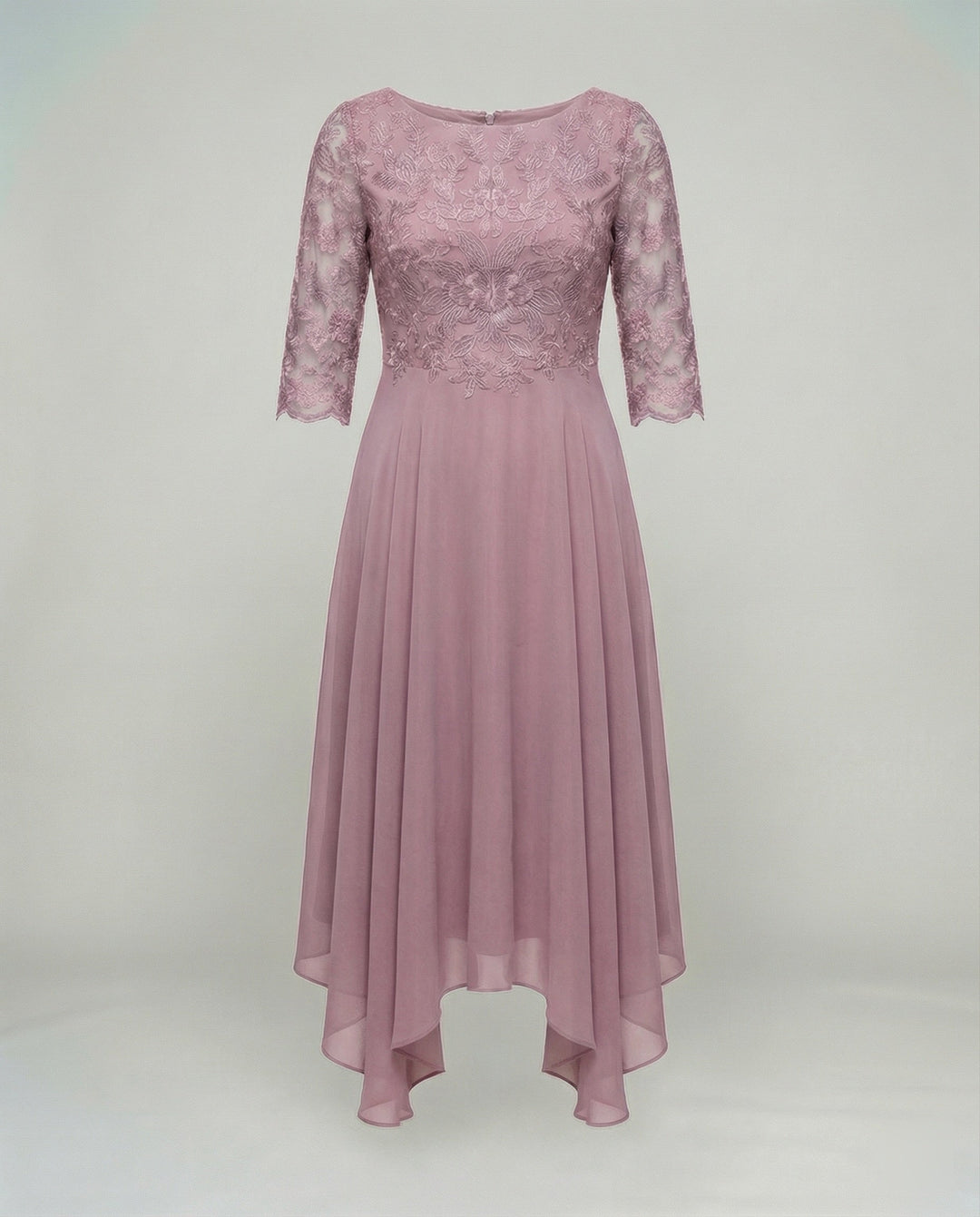 Elegant women's mid-length wedding guest dress with intricate embroidery. Perfect party attire.