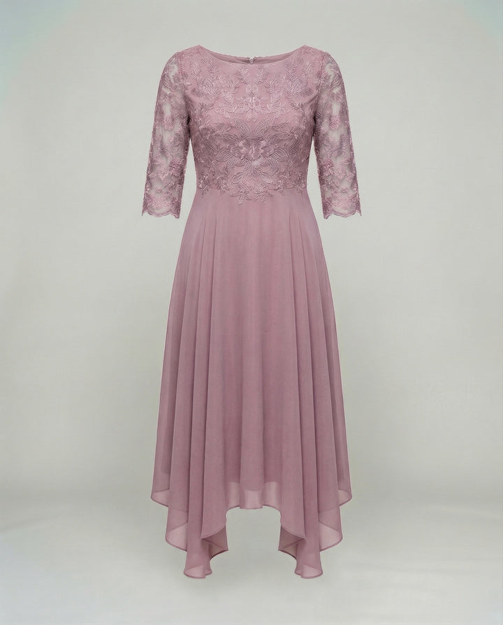 Elegant women's mid-length wedding guest dress with intricate embroidery. Perfect party attire.