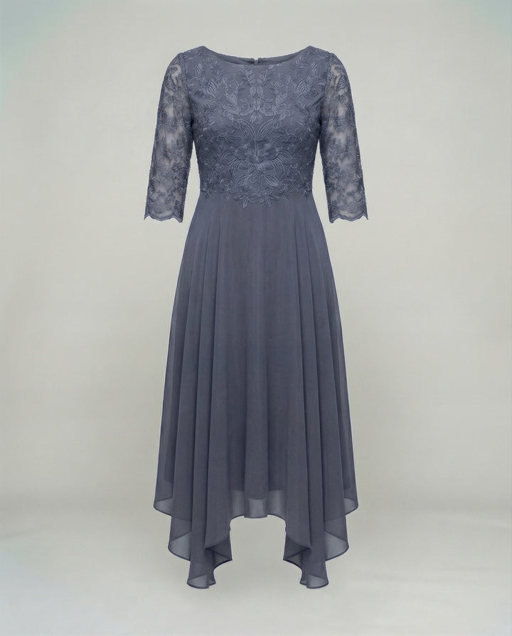 Graceful embroidered midi dress for women, perfect as elegant wedding guest or party attire.