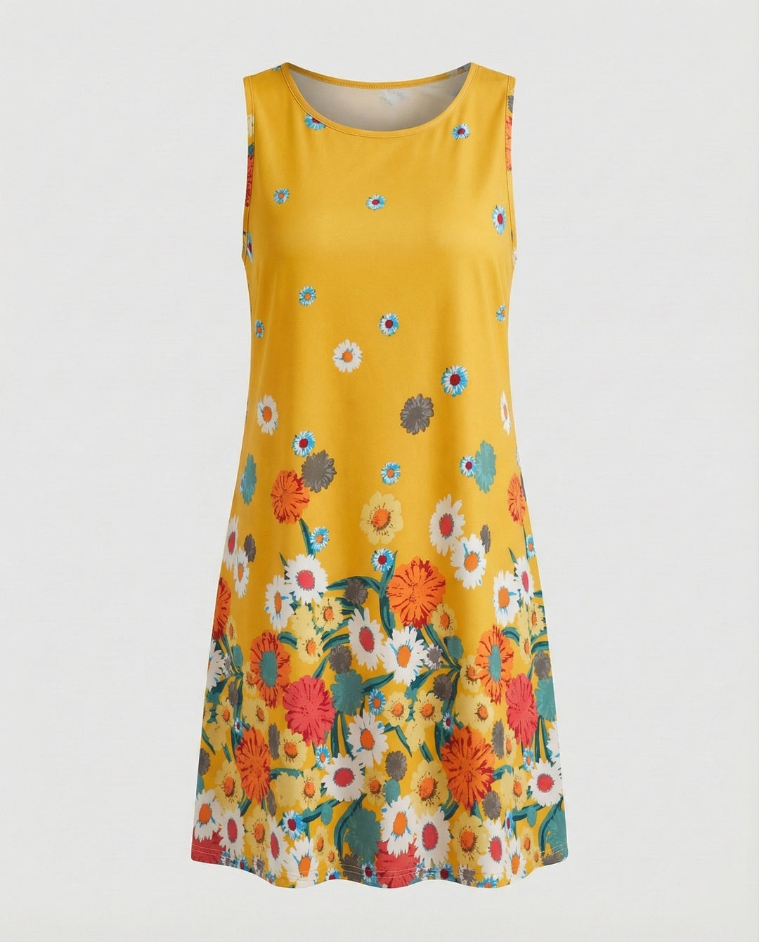 Flowy sleeveless casual dress for women, with a striking vibrant artistic print, relaxed fit.