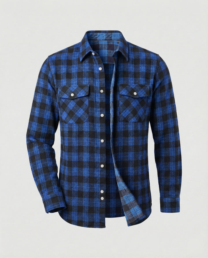 Stylish men's plaid long sleeve casual button-up shirt, perfect as an overshirt or layering top.