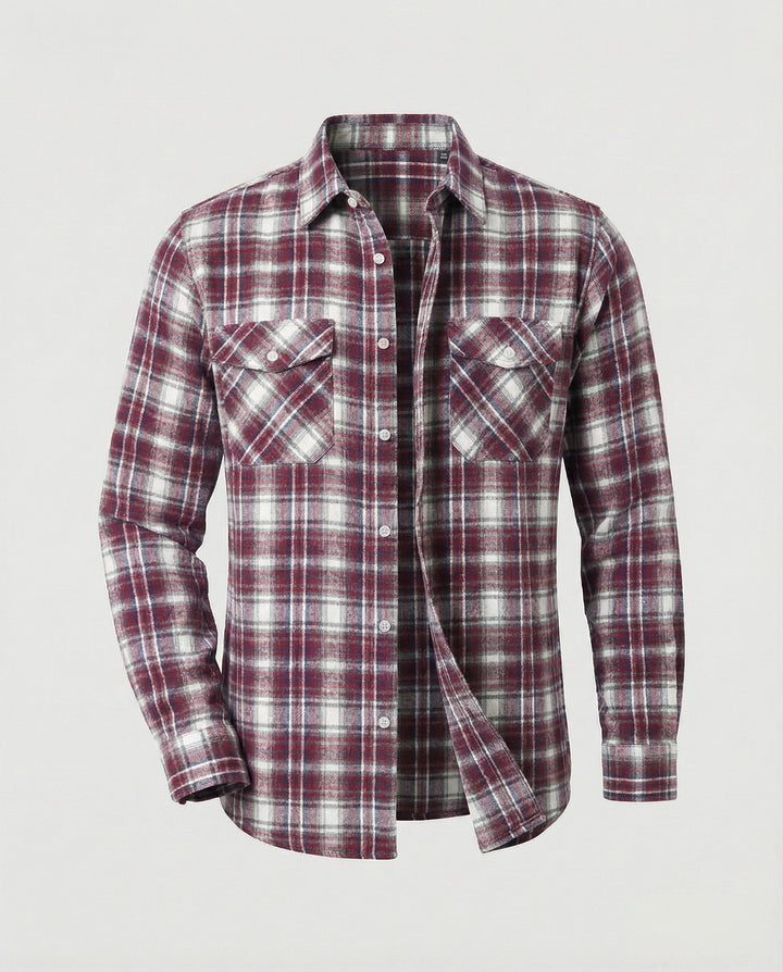 Men's stylish checked button-up shirt, long sleeve, paired with jeans for a complete casual outfit.