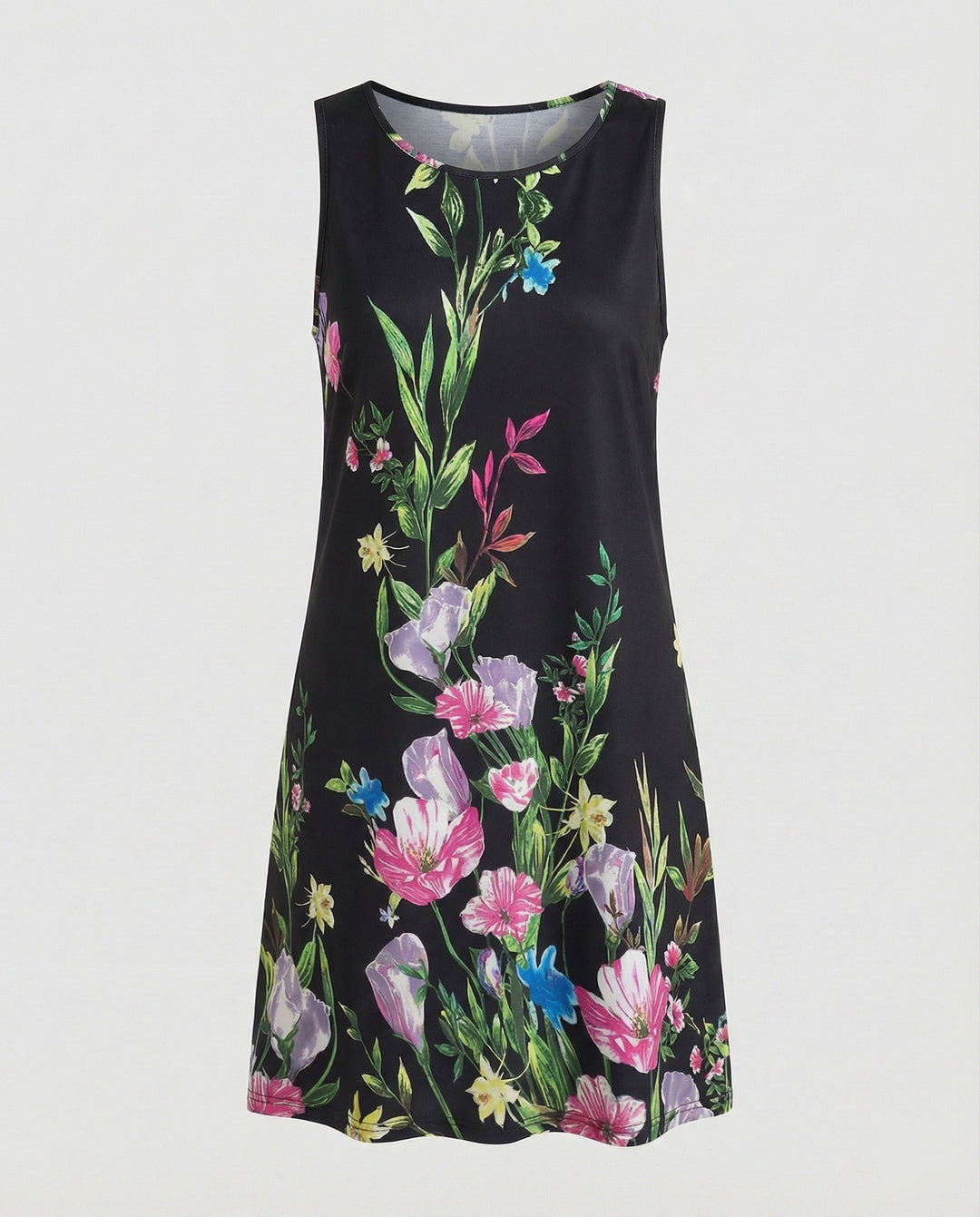 Vibrant artistic print women's sleeveless dress, casual, flowy, and ideal for warm weather.