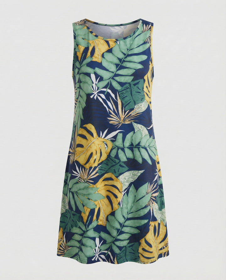 Versatile women's sleeveless summer dress featuring a unique vibrant artistic print.