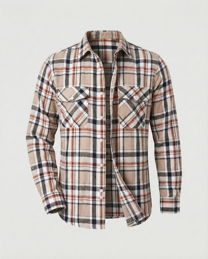 Lightweight men's long-sleeve plaid shirt, perfect for transitional weather and versatile layering.