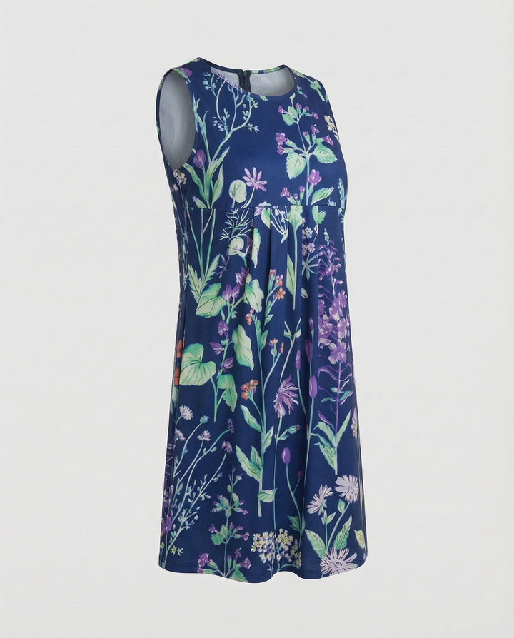 Sleeveless women's casual dress with a vibrant artistic design, great for relaxed summer outings.