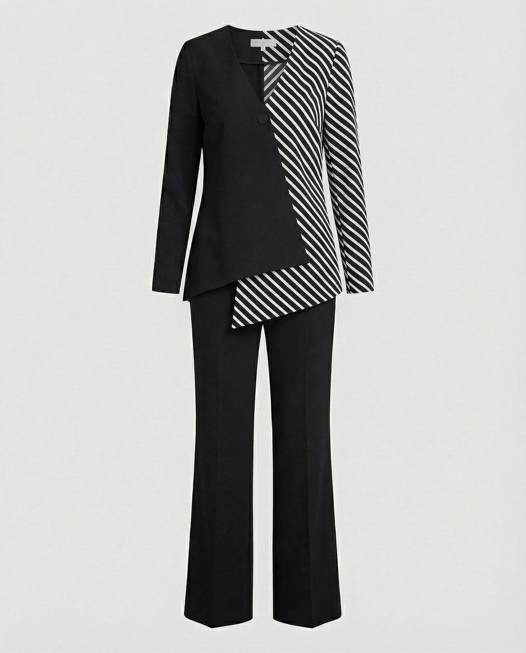 Sophisticated women's two-piece set featuring a stylish asymmetrical top and elegant wide-leg trousers.