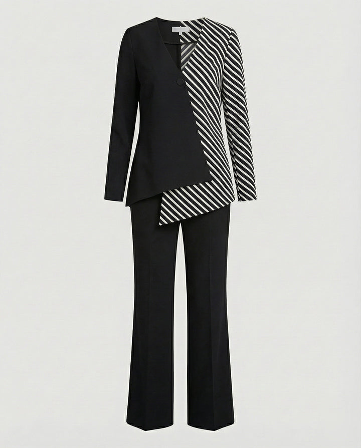 Sophisticated women's two-piece set featuring a stylish asymmetrical top and elegant wide-leg trousers.