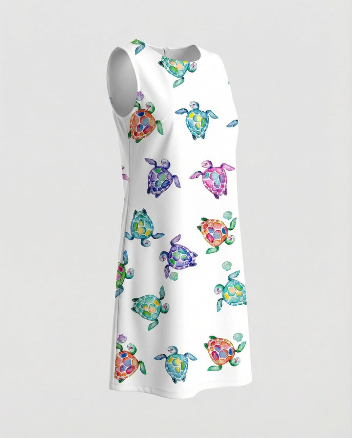 Women's summer sleeveless beach dress, vibrant artistic print, relaxed and stylish.